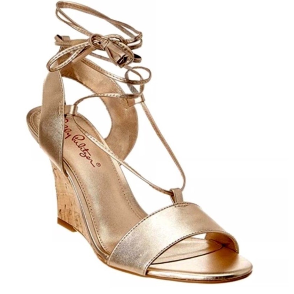 New Lilly Pulitzer Aria Gold Leather Cork Wedge Lace Up Heel Sandals Sz 6M, $198